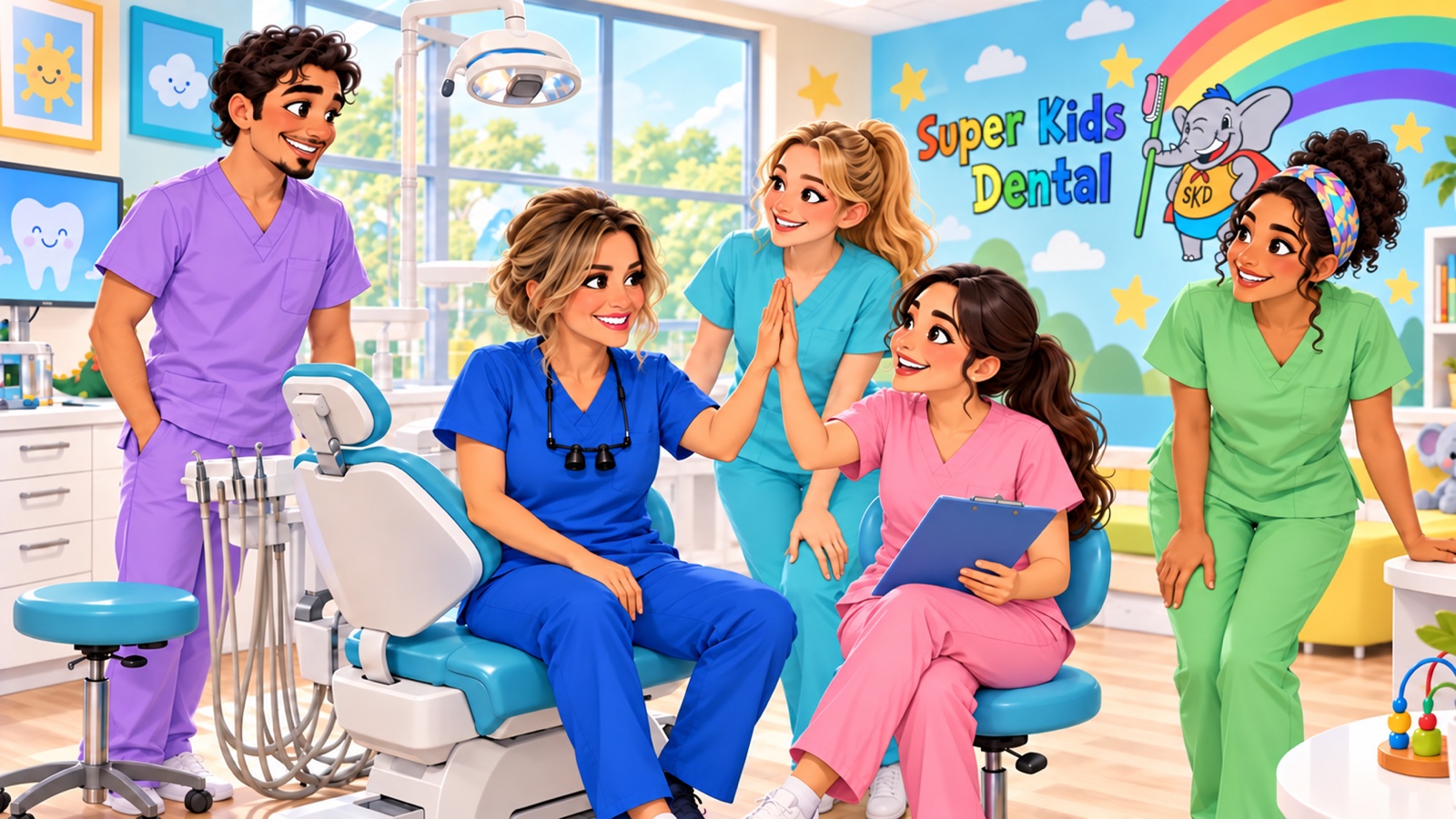 Cartoon Dr. Christine high-fiving a seated dental assistant beneath the Super Kids Dental wall mural in a colorful, kid-friendly office