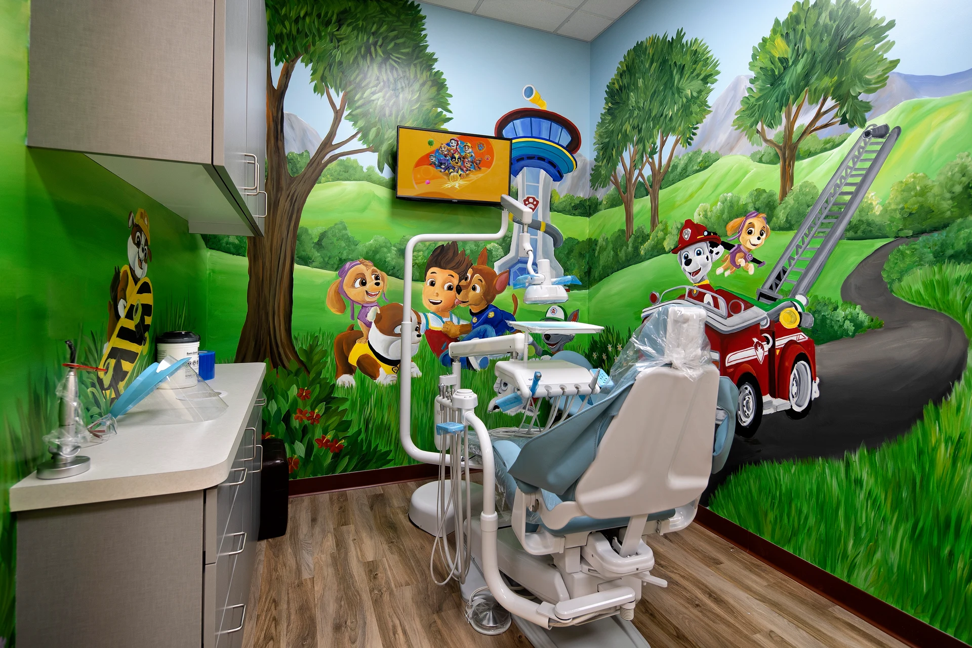 Colorful Paw Patrol themed dental room at Super Kids Dental